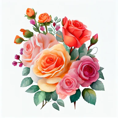 one bouquet arranged roses watercolor clipart, the colors are Apricot Orange and Bubblegum Pink arranged clipart, watercolor, 8k, white blank background
