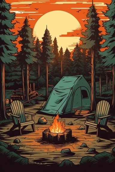 camping scene with campfire, chairs, and tent in the woods during the summer months. vector clip art illustration, detailed, rustic