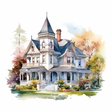 Elevate your designs with the grace and grandeur of Victorian House Mansion in Pond Art style. Our Watercolor Clipart adds a touch of sophistication and intricate details to your projects, set against a solid white background.