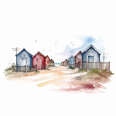 beautiful colored beach huts in holland on the beach watercolor illustration clipart on white background
