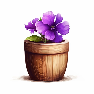 purple Flower inside a brown wood Pot Clipart in the style of oil painting, clean lines on a white background