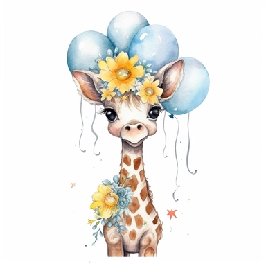 baby giraffe nursery full body watercolor style clipart, happy, with floral crown on head, Disney style, holding blue balloons
