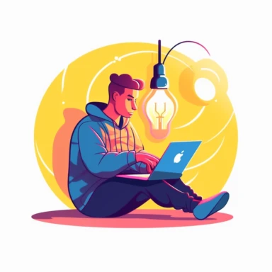 flat vector clipart of a man sitting below a light bulb holding a laptop, in the style of bold colors and patterns, sketchfab, studyblr, colorful animation stills, imaginative characters, realistic lighting, fluid form