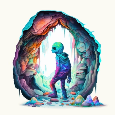 Boho style illustration, clipart, sublimation painting. Alien in Vatnajökull Glacier Cave. Bright colorful colors. White empty background, high quality 8k, quality detail
