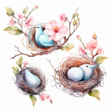 Highly detailed watercolor clipart, floral Bird Nests springtime cute birds and blossoms, eggs in bird's nest, fantasy, highly detailed, fantasy cartoon illustration, greenery, alcohol ink, Watercolor, UHD, 8K, 3D