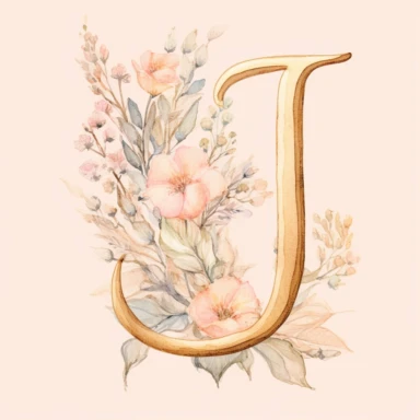 Clipart, Watercolor, Delicate, fine line, Gold Alphabet letter J, with soft pink flowers, pastel colors, hand-draw, texture