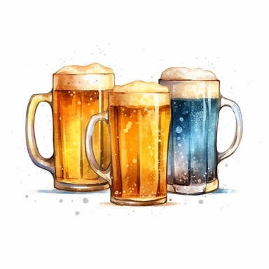 one cup of beer clipart on a white background, in the style of Watercolor illustrations, light azure and dark amber, light amber and silver, light gold and light amber, luminous 3d objects , no watermark, text, 300 DPI , typography, shapes do not stick together, no text in the picture, on a white background