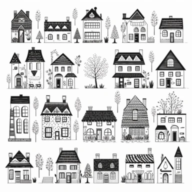 black and white houses clipart set, hand drawn houses, doodles, cute houses, clean and simple line art, no shadows, no background