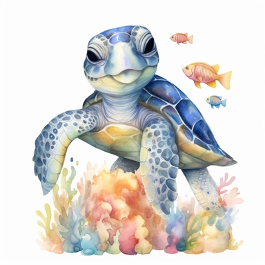 cute smile baby sea turtle turtle swims with colored fish past the coral, coral, sea water, pixar style, cute watercolor clipart, ultra realistic, hd, detail, watercolor pastel spots, isolated on the white background