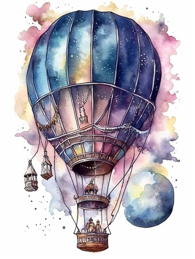fantasy watercolor clipart with white background, hotair balloon detailed with a splendid meta galaxy, incorporate an artistic theme and attention to stitching and gradients, flat design, clearly defined separated image, high quality