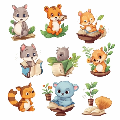 Create a set of clipart featuring cute animals engaged in various activities like reading a book, playing with a ball, gardening, or cooking. These versatile and adorable animal illustrations can be used in various educational materials, children's books, or crafting projects.