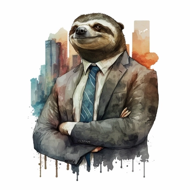 sloth as business man with a satisfied face expression in a business city, expresionist style, watercolor clipart