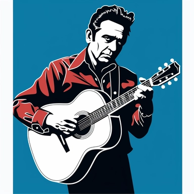 Johnny Cash playing guitar, full body, coloring book, monochromatic blue, icon, vector, flat color, clipart, red background