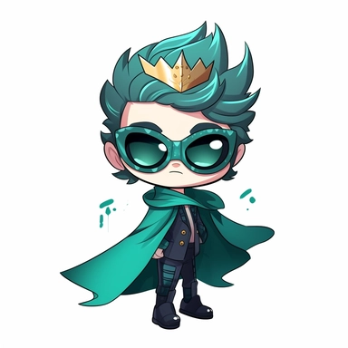 zeeb labs art style boy, super hero, tiny chibi body with teal suit, crown, Mask, smerk, super long cape, clipart, sticker, no background, hd