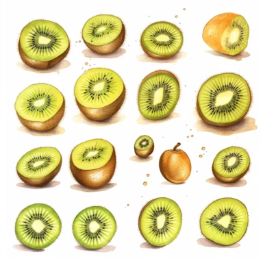 Draw a set of playful and colorful, watercolor style illustrations of kiwis, evenly space elements for clipart, white background