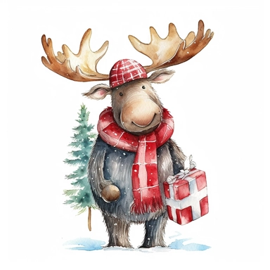 Watercolor, cute Christmas moose, with a red hat, coat and sack of gifts, PNG, winter, nursery, cartoon, highly detailed, watercolor, very high details, white background, clipart style