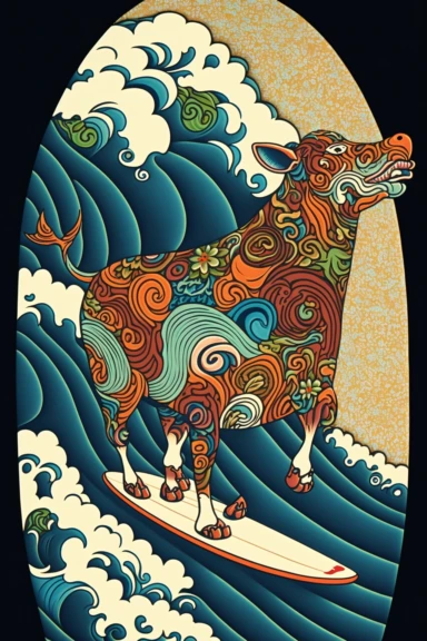 a painting of a standing cartoon jersey-cow riding kanagawa wave on a longboard surfboard, behance contest winner, psychedelic art, paisley, beautiful waves in sea, james jean and clyde caldwell, clipart, hi - fructose art magazine, katherine lam, artgram, marc newsom, sovietwave,