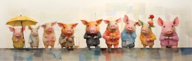 a row of cute miniature piglets, a collage of mixed media art made with tissue paper, magazine and newspaper clippings, oil paint, graphite pencil lines and fabric, in the style of playful surrealism, whimsical, washi tape