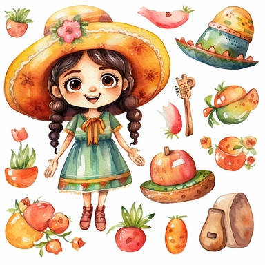 Watercolor cinco de mayo decorations, illustrations clipart set, simple, cinco de mayo colors, cartoon elements, different variants, cinco de mayo mexican hat, fiesta, mexican maracas, cute little girl with traditional mexican dress and hat, cinco de mayo sugar skulls, cinco de mayorose, separate elements with a margin