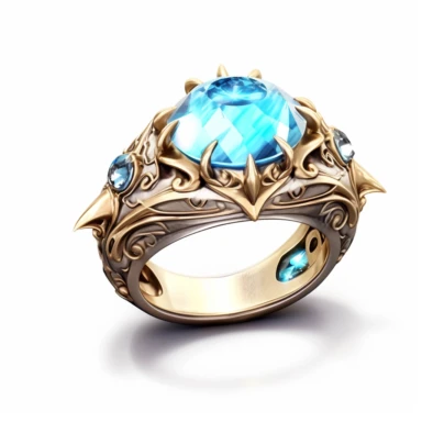 Craft an intriguing clipart of a mythical ring against a pristine white background. The ring should possess intricate designs and be encrusted with glistening gemstones. Let it emanate a soft, magical glow when worn, symbolizing the wearer's connection to mystical forces.