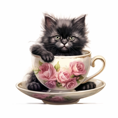 persian fluffy long haired black kitten in steel base flower painted beautiful tea cup, showing fluffy hairy tail, dark watercolor clipart , ultrarealistic, very detailed, finished corners, finished edges, no excess sprinkles