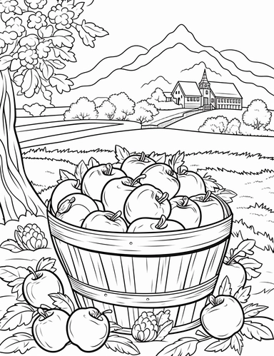 Country Farm Coloring Book for adults, black and white, Basket filled with freshly picked apples, simple clipart, illustration, line art, thick outline, black outline and white fill,