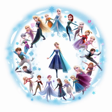 elsas world frozen animation style show only characthers, disney pixar style, top view, circle format, clipart white background