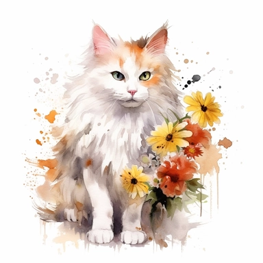 Laperm Cat holding flower, watercolor, sharp illustration clipart, insane detail, white background