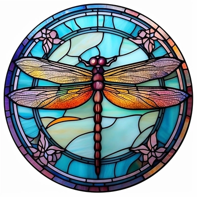 Vintage Cute Beautiful Colorful Round Faux Stained Glass Dragonfly Sublimation Clipart,Cartoon,hyper realistic, intricate detail, illustration style,high solution,on the white background