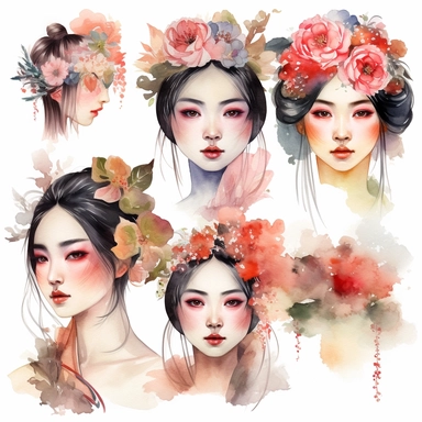 watercolour clipart of beautiful Portrait Japanese Geisha Watercolor Clipart Bundle, detailed character illustrations, fantasy illustration, close - up, multilayered realism, goblincore, delicate flowers, forest greenery, enchanted, pretty, majestic, magical, detailed, face only, UHD, 8K, 3D, solid white background