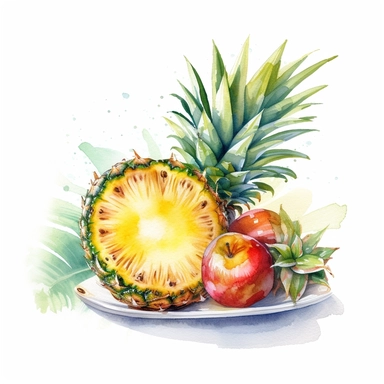 An Pineapple fruit with a slice cut out, placed on a plate or tray with other fruits or desserts , Watercolor, pastels, clipart, beautiful, colourfull, png transparent white background, high resolution, no caption q4 s2