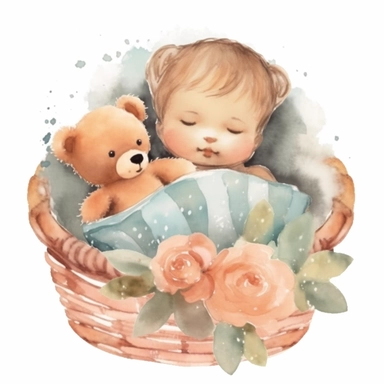 cute and adorable clipart of baby girl sleeping in a basket with a cute teddy bear, watercolor, hq, clearly defined images--q2--v5--s1000