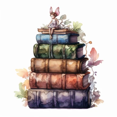 Solid white background, Detailed watercolor/alcohol ink image of a stack of 4 dark earthtone pasel colored gothic spell books with a cute glowing tiny forest fairy sitting on top clipart. The books are realistically detailed, gilded bindings, carved thick leather cover,