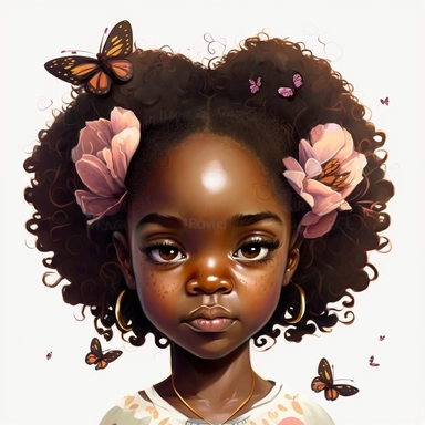 melanin little girl african american clipart long heir rosa chick unusual angle wight background with simmetrical beautiful face children mack up bodyart and little butterflies sunflavers pixar cartoon style