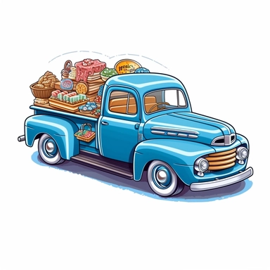 1950s blue ford pickup truck, truck bed is full of baked good, cakes, cookies, bread, cartoon, clip art, side perspective