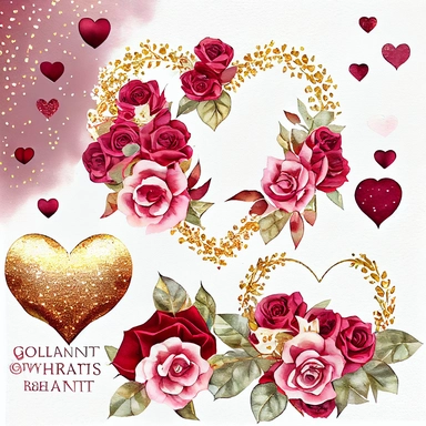 beautiful, extremely detailed, realistic, light burgundy roses, on elegant, sparkling, detailed gold glitter hearts Watercolor Valentine's day wreaths and clipart, Hand painted hearts,