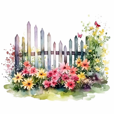 watercolor fence surrounded by flowers and frass clipart