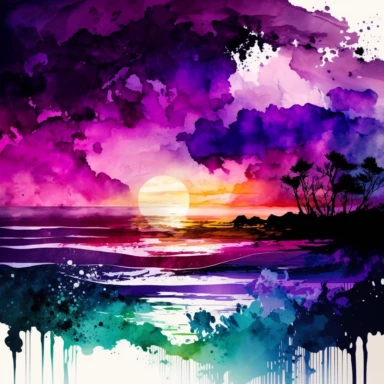 Purple Black Green Mix Leonid Afremov Style Watercolor Beach Ocean Sunset Clipart, Colorful and white Background