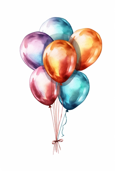 watercolor metallic colour balloon bundles tied together with ribbons, clipart, hd, isolated, spaced out, on white background,