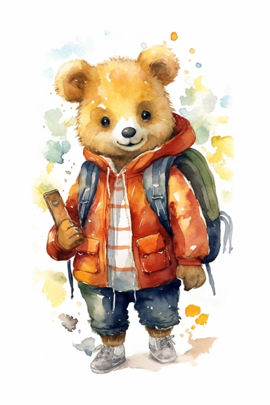 A cute adorable Teddy Bear go to school,clipart, wearing a backpack, Watercolor clipart in the style of nursery art children book character, hand drawn,perfect for a gender-neutral nursery, high-quality, centered in the middle of the image, in the adapted style of marc chagall.