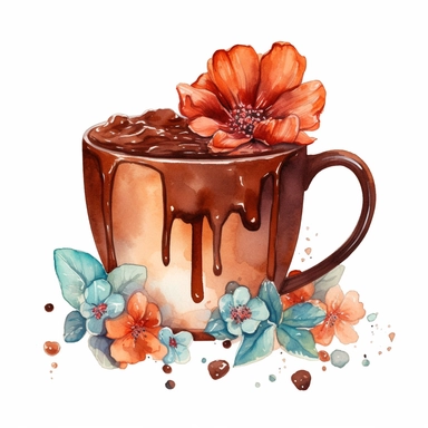 Create a high resolution version of (hot chocolate watercolor) 2D concept simplified illustration on white background. clipart, highly detailed, vibrant, ultra high quality, 2D vector, best quality. incredible. Flower and love. Color: warm. Illustration style. (full body), in the style of light azure and dark amber