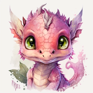a watercolor painting of a Tiny cute adorable baby dragon looking directly into the camera and slightly smiling, dragon has little braid of hair in the centre, pink color, watercolor painted effect skin, intricate details, glass eyes, skip has watercolor painting effect, soft cinematic lighting, 8k, portrait, Pixar style character, pokemon anime style octane render, upper body only, inspired by Hanns Katz, logo, pastel colors, liquid cooled, 70's, clipart, chill out, retro, full body, white back