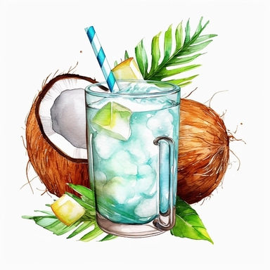 watercolor colorful clipart of a refreshing coconut drink, hd, on white background