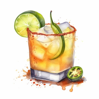 hand drawn spicy margarita, very detailed and realistic, watercolor, white background with margins, clipart style — uplight