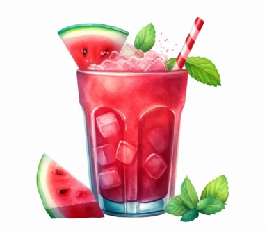 Watercolor clipart of summer drink, Watermelon Slushie: Made from juicy watermelon blended with ice, this icy treat is a favorite during the summer. It's simple, refreshing, and naturally sweet, intricate details, vector, hyperrealistic, white background, no splashes, no text, no watermark