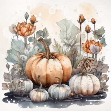 adorable watercolor winter illustration clipart, lotuses and pumpkins under the snow, winter, dark colours, highly detailed, markers copic style, white background