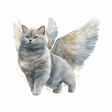 cute British Shorthair cat with angel wings watercolor clipart on white background