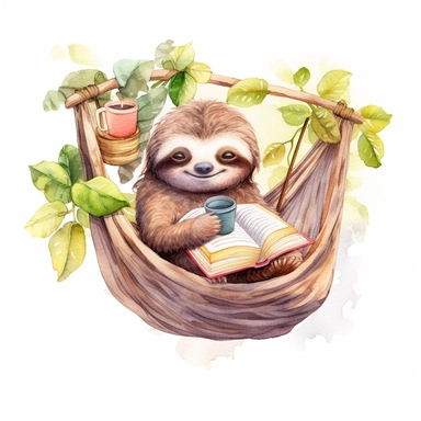 a dreamy watercolor clipart image with a white background, featuring a cute cartoon sloth bookworm lying on a hammock, enjoying a good book while suspended among the trees
