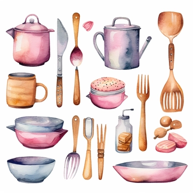 Watercolor kitchen utensils clipart for bakery decoration white background