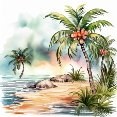 Tropical Beach Clipart - Vacation Clipart - Landscape - Palm Tree clipart, Watercolor Clipart , original hand drawing, style of the artwork, mood of the artwork, white background, 8K quality, ultra detailed , clipart, white background, High Quality, ultra detailed